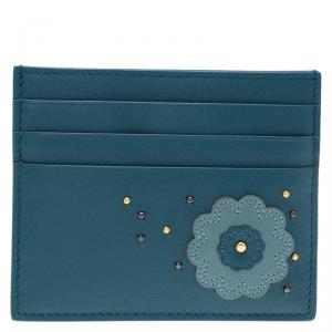 Pre Owned Bottega Veneta Ocean Blue Leather Rose Embroidered Card Holder