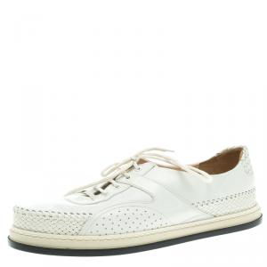 Pre Owned Bottega Veneta White Woven Leather Lace Up Sneakers Size 40