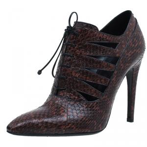 Pre Owned Bottega Veneta Brown Snakeskin Lace Up Cutout Ankle Booties Size 39