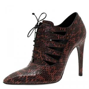 Pre Owned Bottega Veneta Brown Python Cutout Lace-Up Ankle Boots Size 38.5