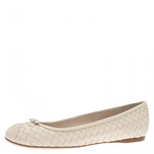 Pre Owned Bottega Veneta Cream Intrecciato Leather Bow Ballet Flats Size 39.5