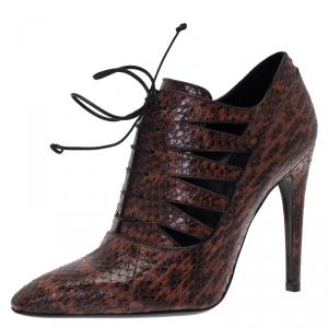 Pre Owned Bottega Veneta Brown Python Lace Up Cutout Ankle Booties Size 38