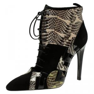 Pre Owned Bottega Veneta Black Suede and Python Lace Up Ankle Boots Size 37