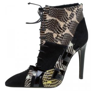Pre Owned Bottega Veneta Black Suede and Python Lace Up Ankle Boots Size 37