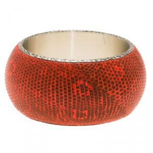 Bottega Veneta Intrecciato Ayeres Neon Orange Silver Snake Skin Bangle Bracelet