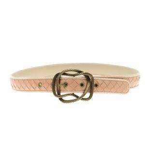 Bottega Veneta Pink Intrecciato Leather Snake Trim Belt 80 CM