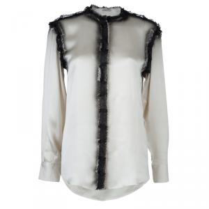 Bottega Veneta Grey Printed Silk Lace Detail Long Sleeve Blouse  S
