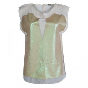 Bottega Veneta Beige Metallic Leather Panel Detail Sheer Sleeveless Top M