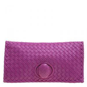 Pre Owned Bottega Veneta Purple Intrecciato Leather Twist Lock Clutch