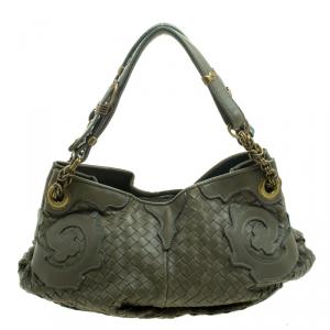 Pre Owned Bottega Veneta Green Intrecciato Leather Applique Shoulder Bag
