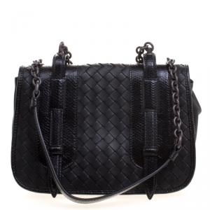 Pre Owned Bottega Veneta Black Intrecciato Leather Snakeskin Trim Crossbody Bag