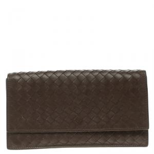 Pre Owned Bottega Veneta Brown Intrecciato Leather Continental Flap Wallet