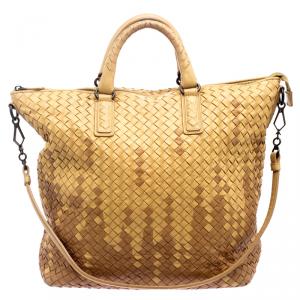 Pre Owned Bottega Veneta Brown Two Tone Intrecciato Nappa Leather Medium Convertible Tote