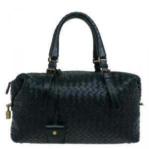 Pre Owned Bottega Veneta Black Intrecciato Leather Montaigne Satchel Bag