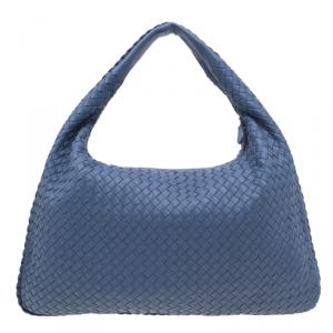 Pre Owned Bottega Veneta Blue Nappa Intrecciato Medium Hobo