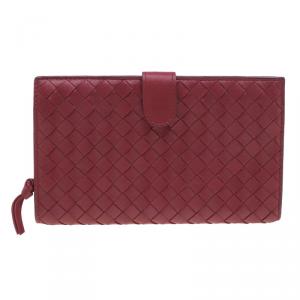 Pre Owned Bottega Veneta Red Nappa Leather Tourmaline Intrecciato Continental Wallet