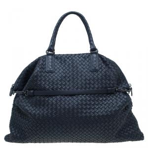 Pre Owned Bottega Veneta Dark Blue Woven Leather Large Convertible Tote Bag