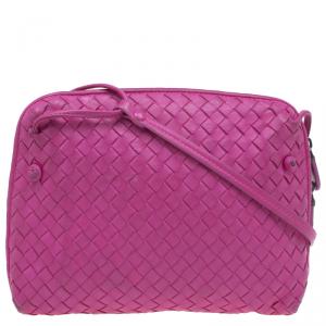Pre Owned Bottega Veneta Pink Intrecciato Woven Leather Crossbody Bag