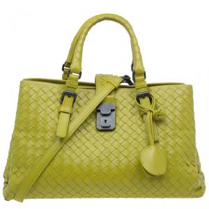 Pre Owned Bottega Veneta Lime Green Intrecciato Woven Leather Small Roma Tote Bag