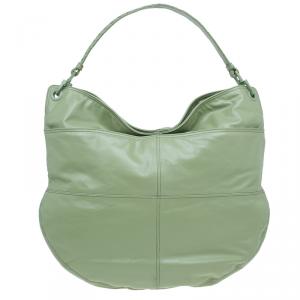 Pre Owned Bottega Veneta Mela Green Leather Woven Handle Hobo Bag