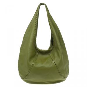 Pre Owned Bottega Veneta Olive Green Leather Large Cervo Hobo