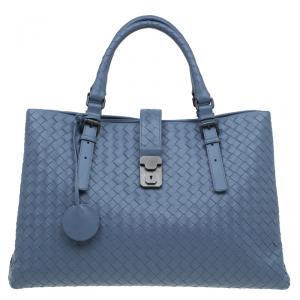 Pre Owned Bottega Veneta Slate Blue Intrecciato Woven Leather Roma Tote