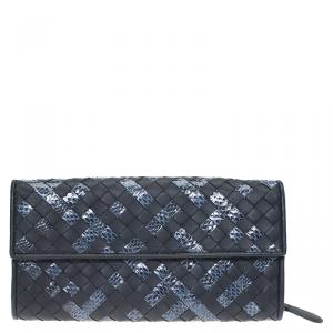 Pre Owned Bottega Veneta Navy Blue Leather and Python Intrecciato Continental Wallet