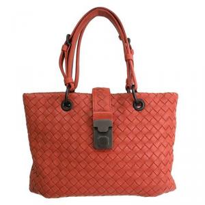 Pre Owned Bottega Veneta Orange Intrecciato Leather Shoulder Bag