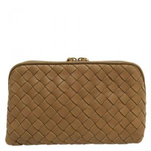 Pre Owned Bottega Veneta Brown Intrecciato Zip Clutch