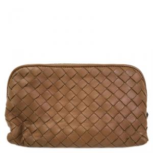 Pre Owned Bottega Veneta Brown Intrecciato Zip Clutch