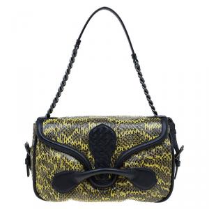 Pre Owned Bottega Veneta Black and Yellow Snake Print Elaphe Rialto Shoulder Bag