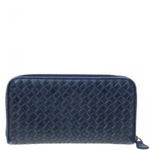 Pre Owned Bottega Veneta Blue Intrecciato Nappa Leather Zip Wallet