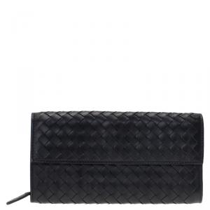 Pre Owned Bottega Veneta Black Intrecciato Woven Leather Continental Wallet