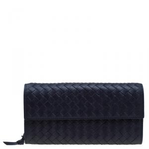 Pre Owned Bottega Veneta Dark Blue Intrecciato Leather Continental Flap Wallet