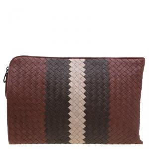 Pre Owned Bottega Veneta Tricolor Leather Large Intrecciato Stripe Clutch 