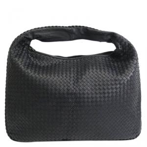 Pre Owned Bottega Veneta Black Intrecciato Woven Leather Maxi Veneta Hobo
