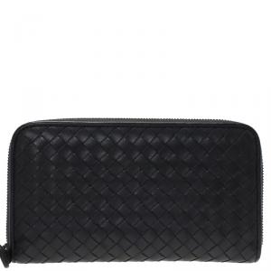 Pre Owned Bottega Veneta Black Intrecciato Nappa Leather Zip Wallet