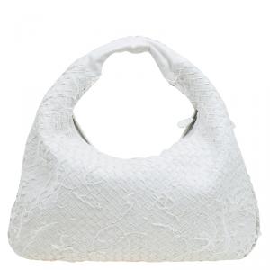 Pre Owned Bottega Veneta White Intrecciato Woven Leather Large Fray Belly Veneta Hobo