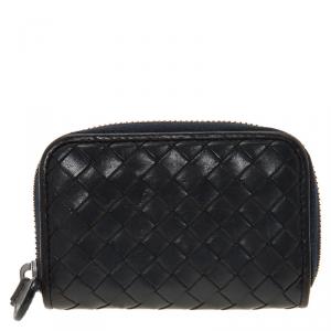 Pre Owned Bottega Veneta Dark Blue Intrecciato Nappa Leather Coin Purse