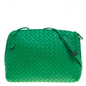 Pre Owned Bottega Veneta Green Intrecciato Woven Leather Crossbody Bag