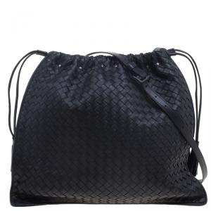 Pre Owned Bottega Veneta Black Intrecciato Leather Drawstring Tote