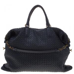 Pre Owned Bottega Veneta Navy Blue Intrecciato Nappa Leather Convertible Tote