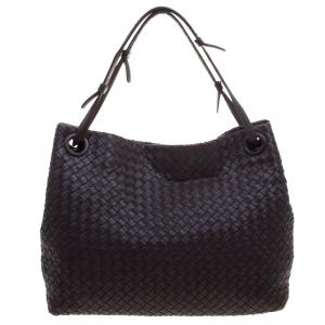 Pre Owned Bottega Veneta Dark Brown Intrecciato Nappa Leather Medium Shoulder Bag