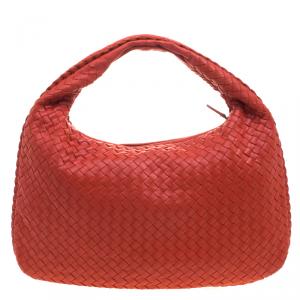 Pre Owned Bottega Veneta Red Orange Intrecciato Leather Small Hobo