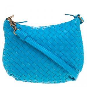 Pre Owned Bottega Veneta Deep Sky Blue Intrecciato Leather Drop Shoulder Bag