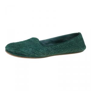 Pre Owned Bottega Veneta Green Intrecciato Suede Carpet Slippers Size 39.5 