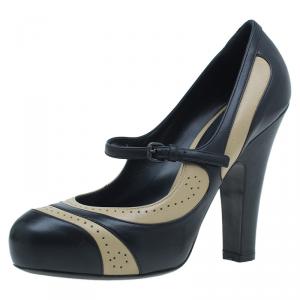 Pre Owned Bottega Veneta Black and White Leather Brogue Mary Jane Pumps Size 38