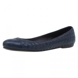 Pre Owned Bottega Veneta Navy Blue Intrecciato Leather Ballet Flats Size 39.5