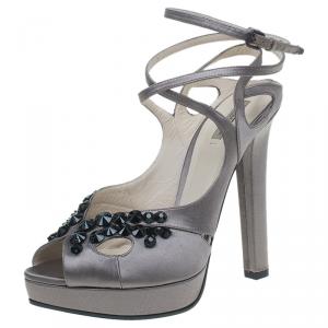 Pre Owned Bottega Veneta Grey Embellished Satin Ankle Strap Platform Sandals Size 40