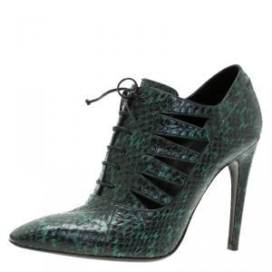 Pre Owned Bottega Veneta Green Python Cutout Lace-Up Ankle Boots Size 39